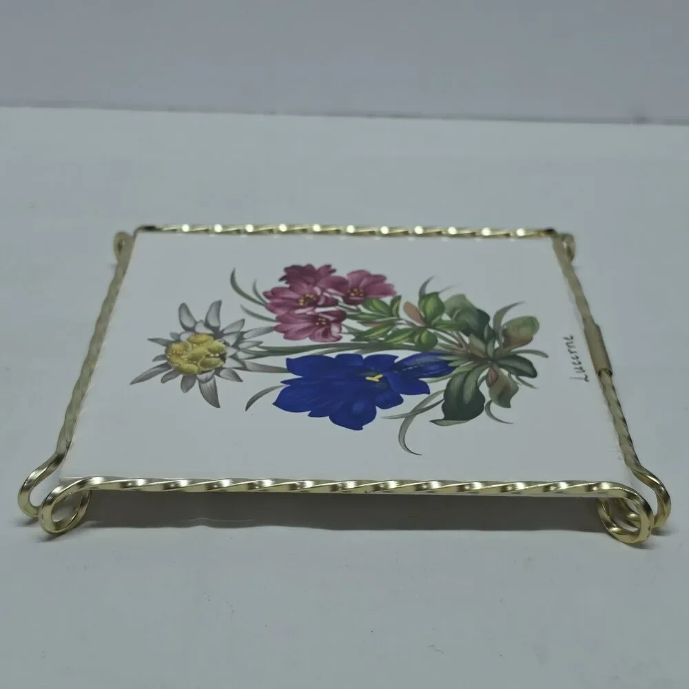 Vintage Floral Ceramic Tile Trivet Stand Coaster France Gold Toneetal Frame Boho